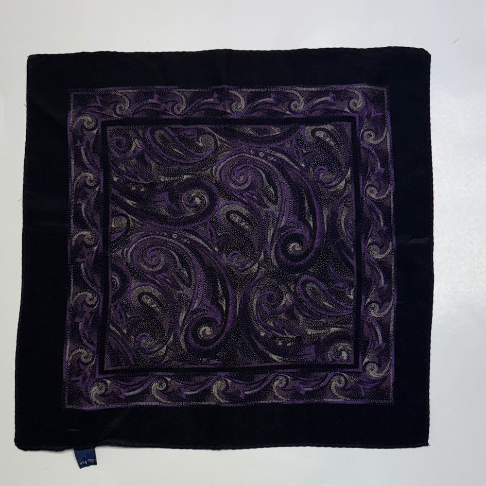 100% silk mens vintage Italian black and purple paisley pocket square